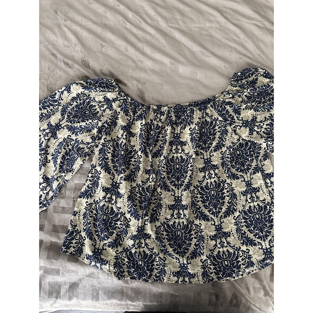 Shein Curve Blouse Womens 4XL Blue Damask Off Shoulder Bell Sleeve Boho Top
